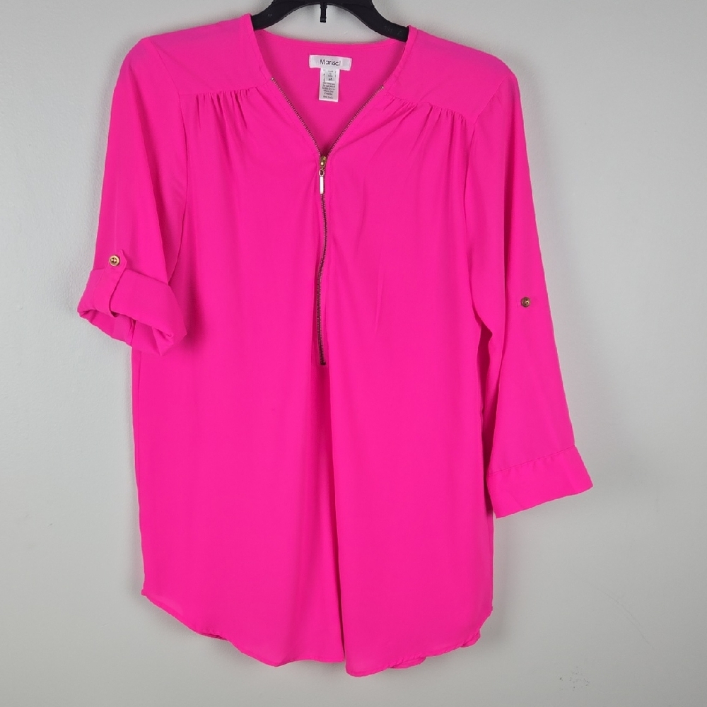 Marisol Women's Bright Pink V Neck Zip‎ Up Roll Tab Sleeve Blouse Size M